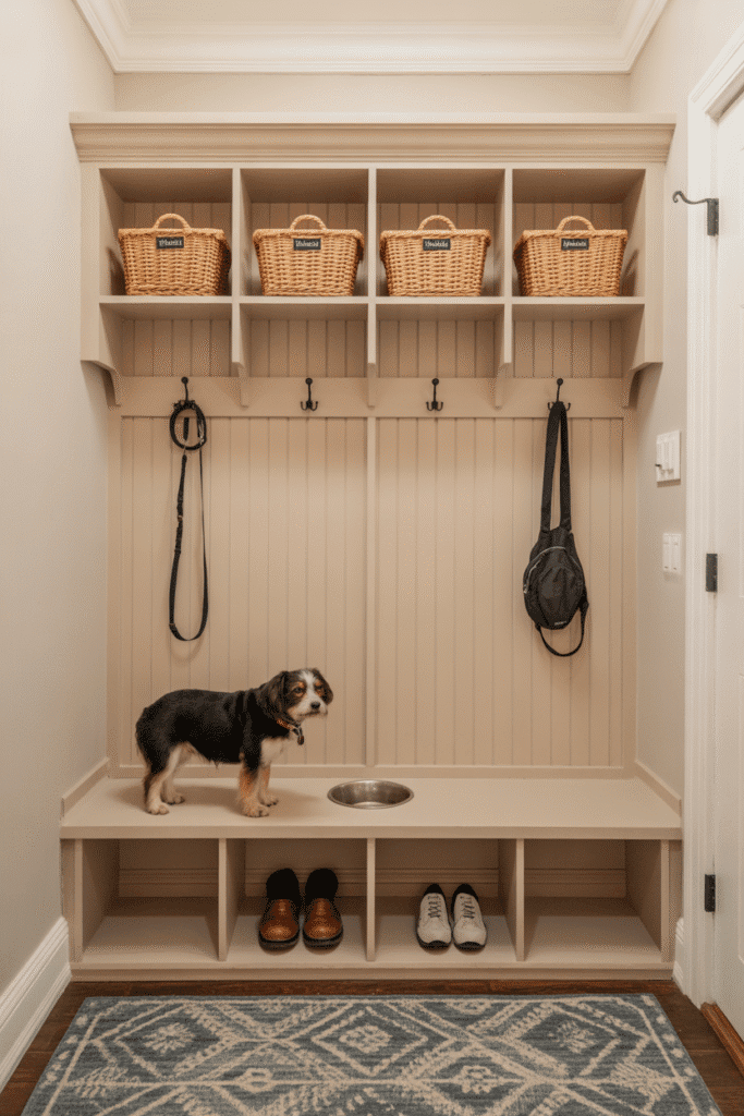 Built-in dog-friendly mudroom station with pet bowls, leash storage, and rustic charm.

