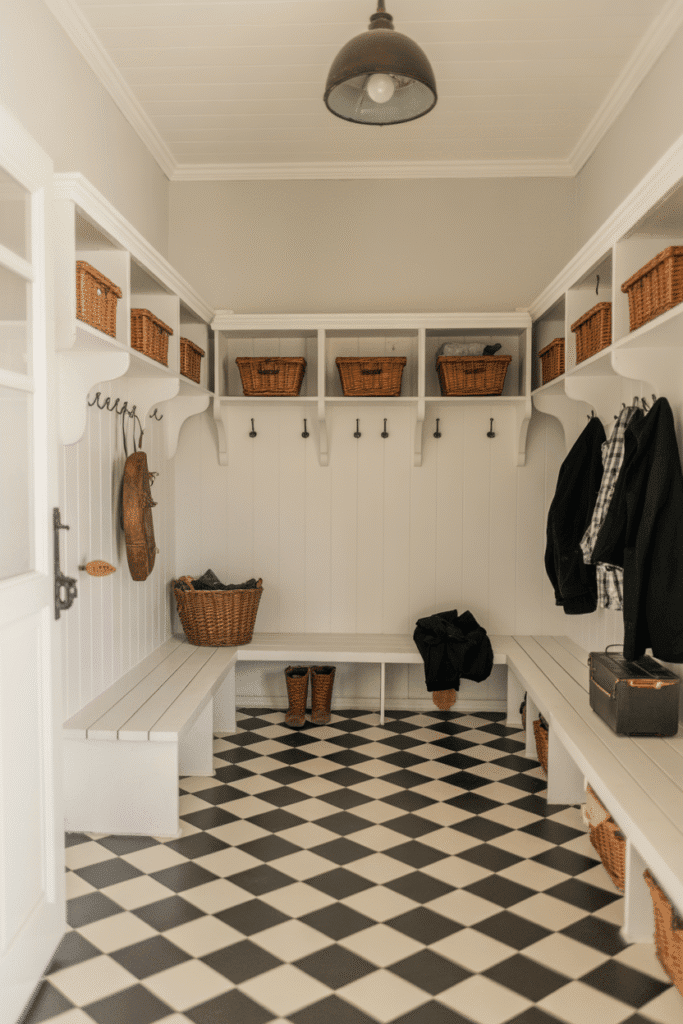 Checkerboard tile flooring adds timeless charm to this bright farmhouse mudroom.

