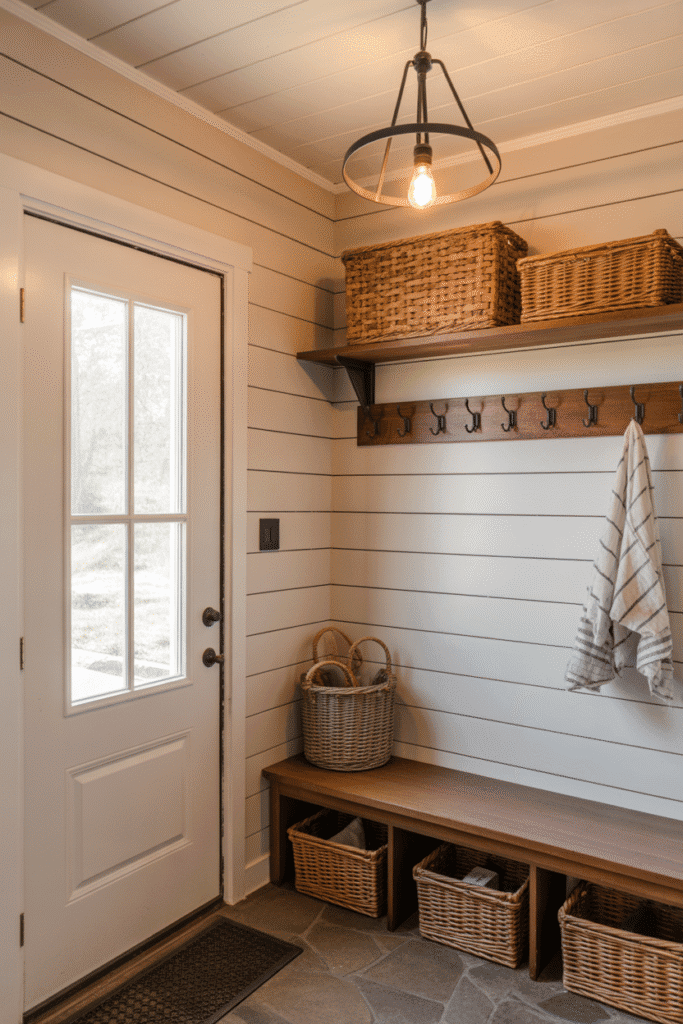 Farmhouse mudroom featuring moody pendant lighting and vintage-style fixtures.