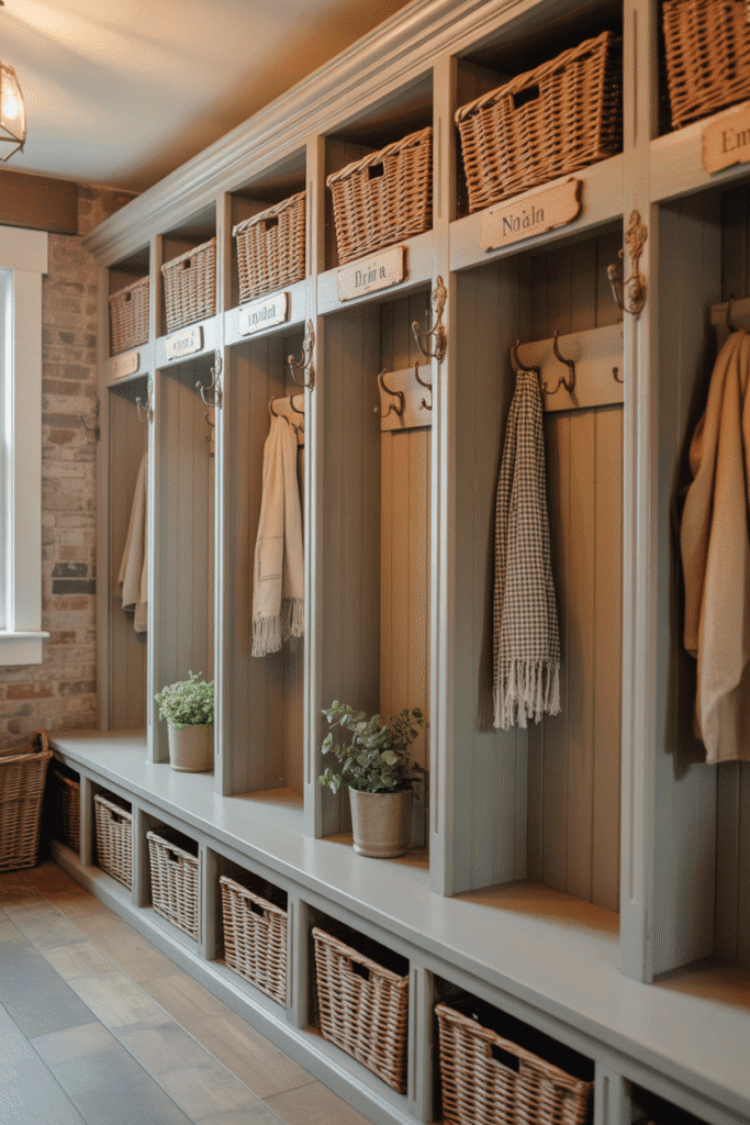Family-friendly mudroom with labeled cubbies and farmhouse-style lockers.

