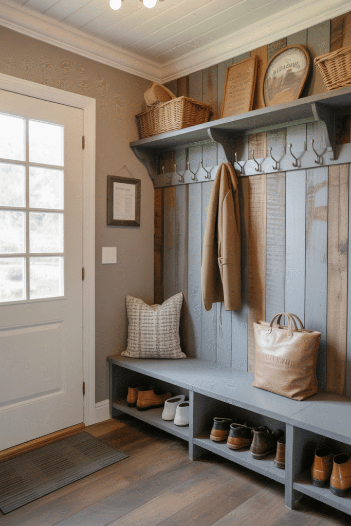 Farmhouse mudroom with reclaimed wood feature wall and functional rustic touches.

