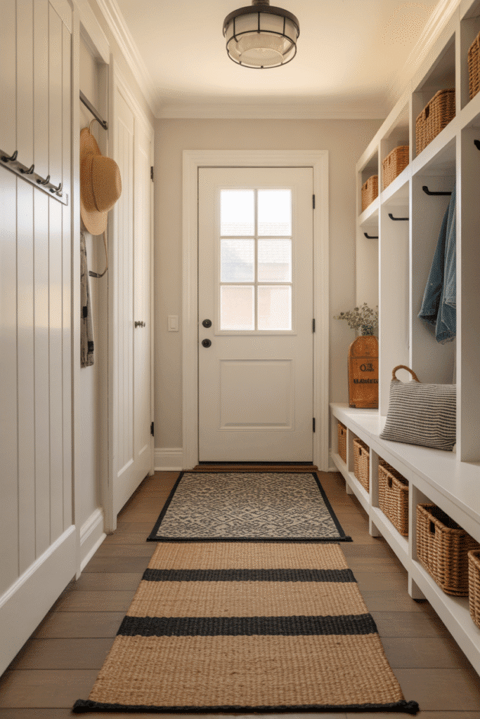 Cozy mudroom entryway with layered farmhouse rugs for texture and warmth.