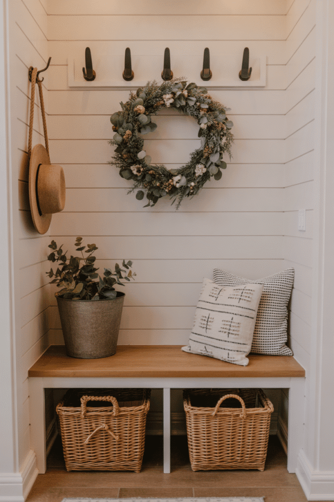 Farmhouse mudroom with cotton spring wreath and seasonal decorative accents.
