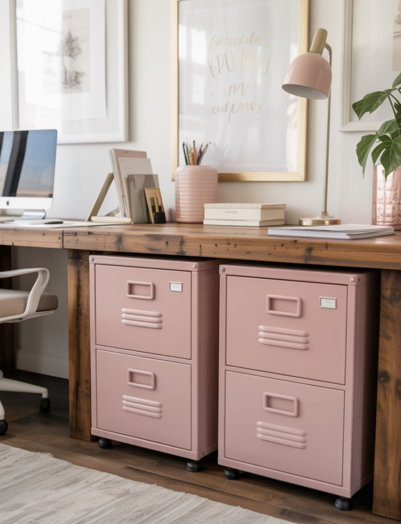 Stylish home office featuring blush pink filing cabinets topped with a wood plank used as a secondary workspace.