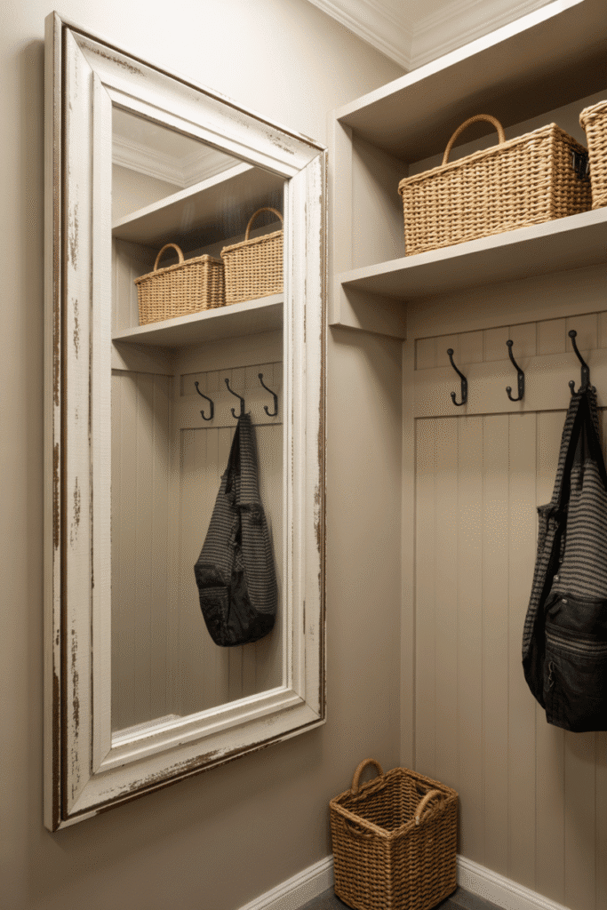 Entryway mirror in rustic wood frame adds light and style to this farmhouse mudroom.

