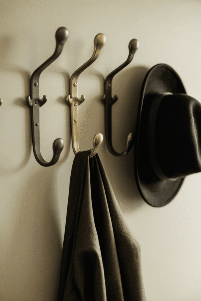 Antique farmhouse mudroom hooks in mixed finishes for a collected, casual look.

