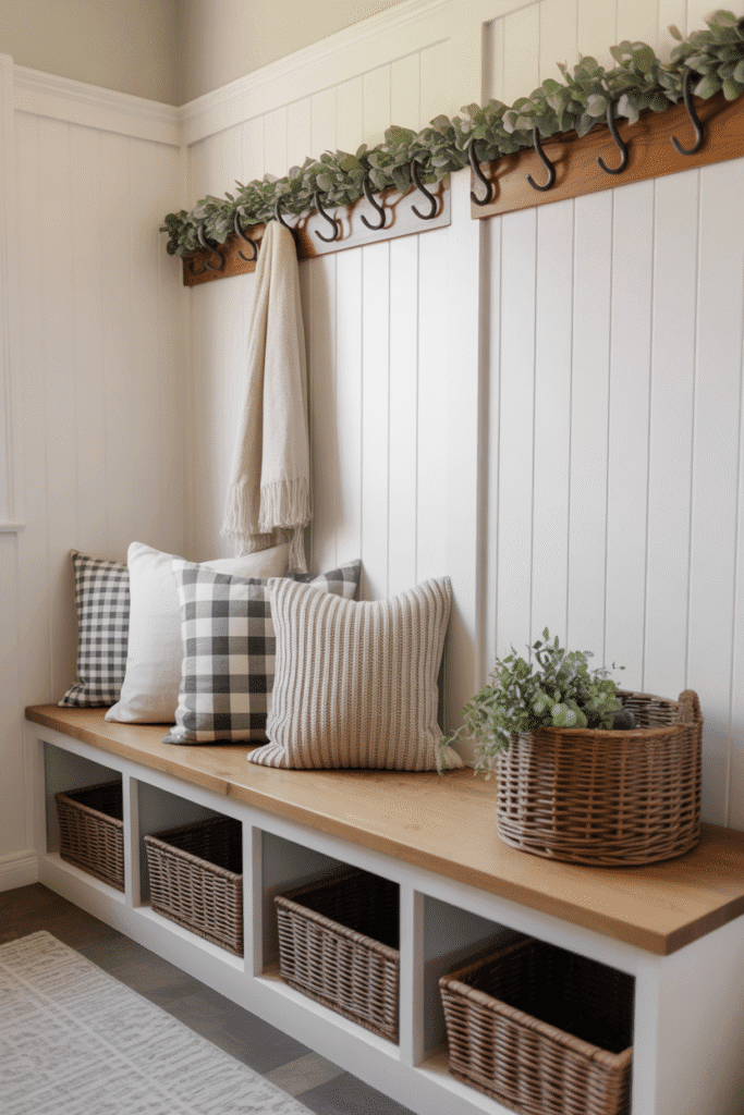 Cozy farmhouse bench with layered pillows, throw blanket, and fresh greenery.