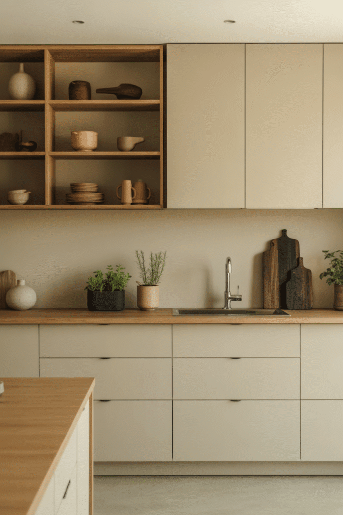 Minimalist kitchen with light wood cabinetry and open shelves decorated with neutral pottery and dried herbs.
