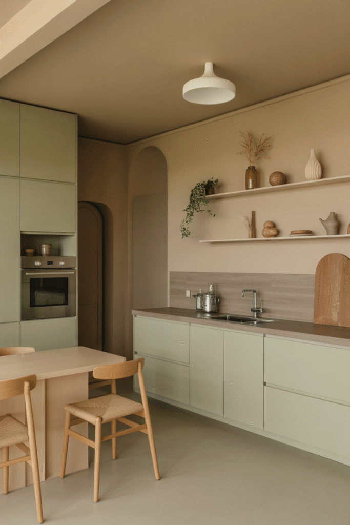 Neutral-toned kitchen in soft taupe and sage, with a warm organic modern design.