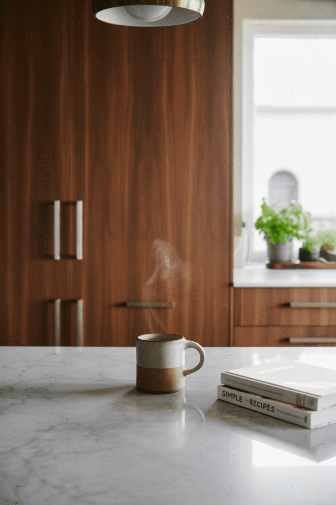 Organic kitchen with natural stone countertops and elegant wood finishes.