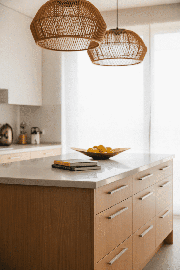 Sculptural pendant lights made of natural materials above a modern kitchen island.