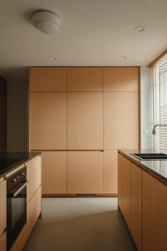 Sleek modern kitchen with hidden hardware and smooth wood cabinetry.