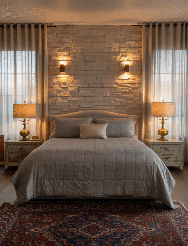 Cozy master bedroom with a natural or faux stone or brick accent wall behind the bed, paired with warm traditional or farmhouse decor and accent lighting to highlight the textures.