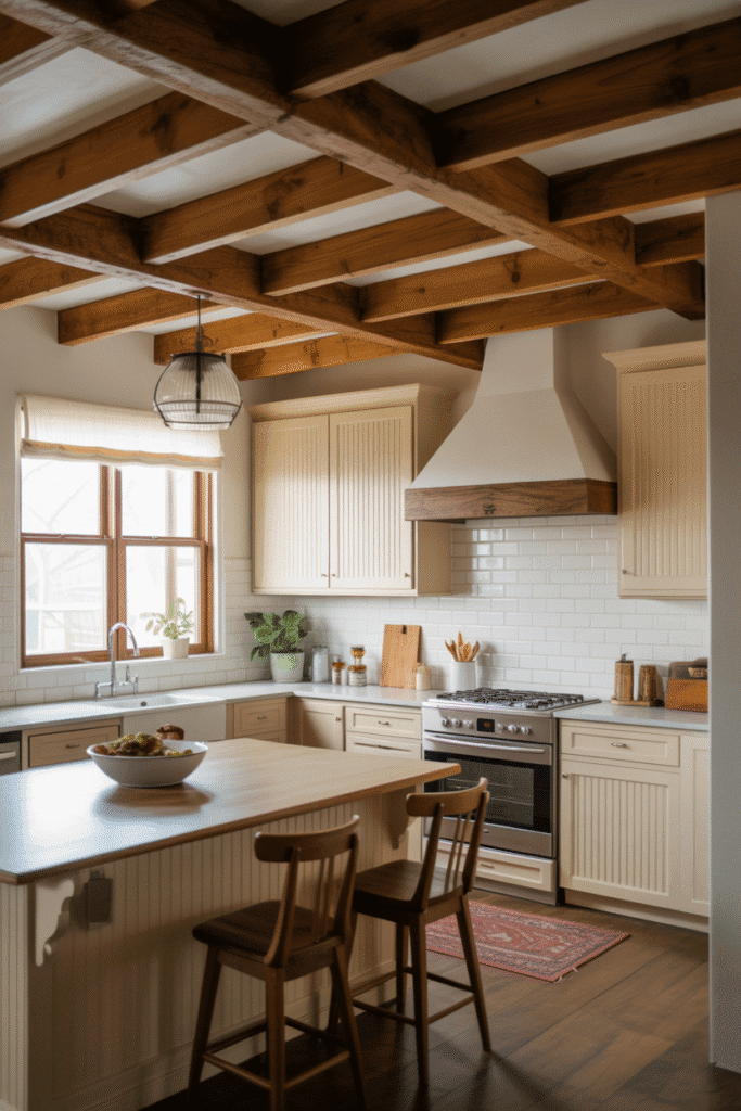 Organic-modern kitchen featuring exposed ceiling beams and earthy architectural details.