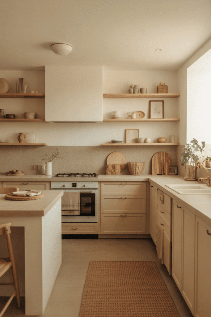 Kitchen with a natural fiber rug adding warmth to a light, organic-modern space.