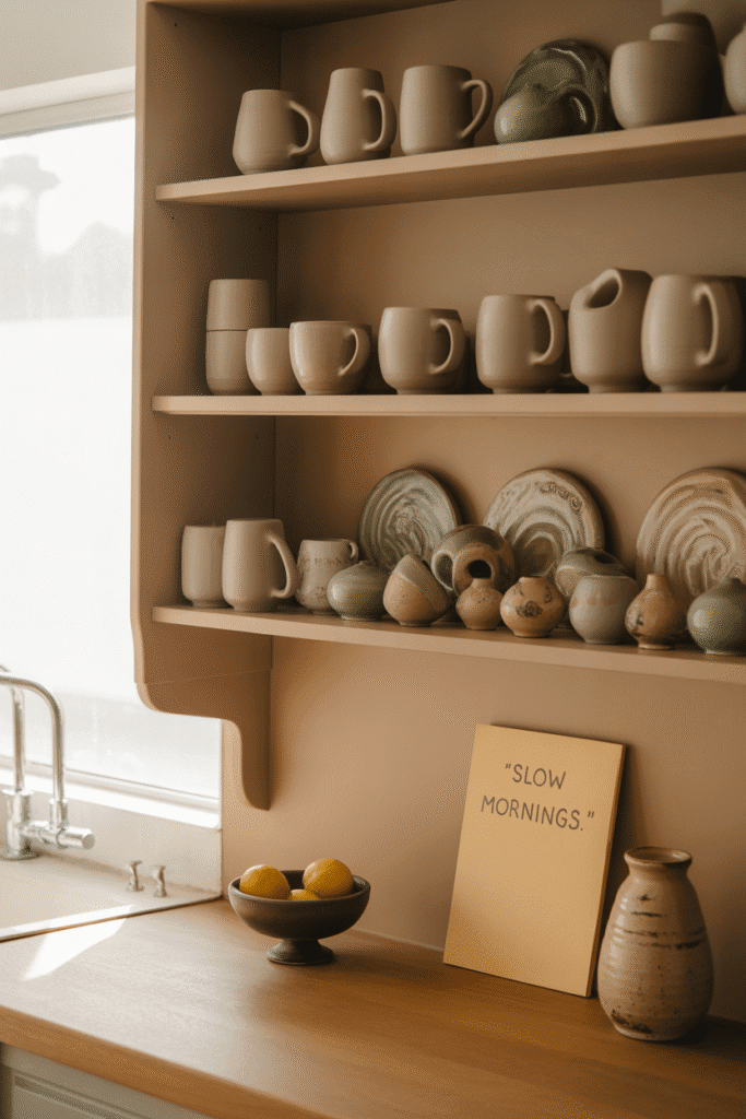 Handcrafted pottery displayed on open shelves in a modern organic kitchen.