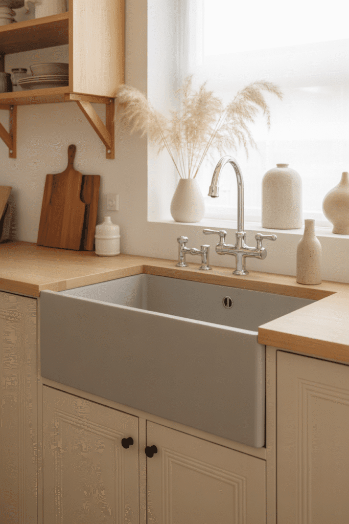 Neutral-tone apron sink in a calming, modern farmhouse-inspired kitchen.