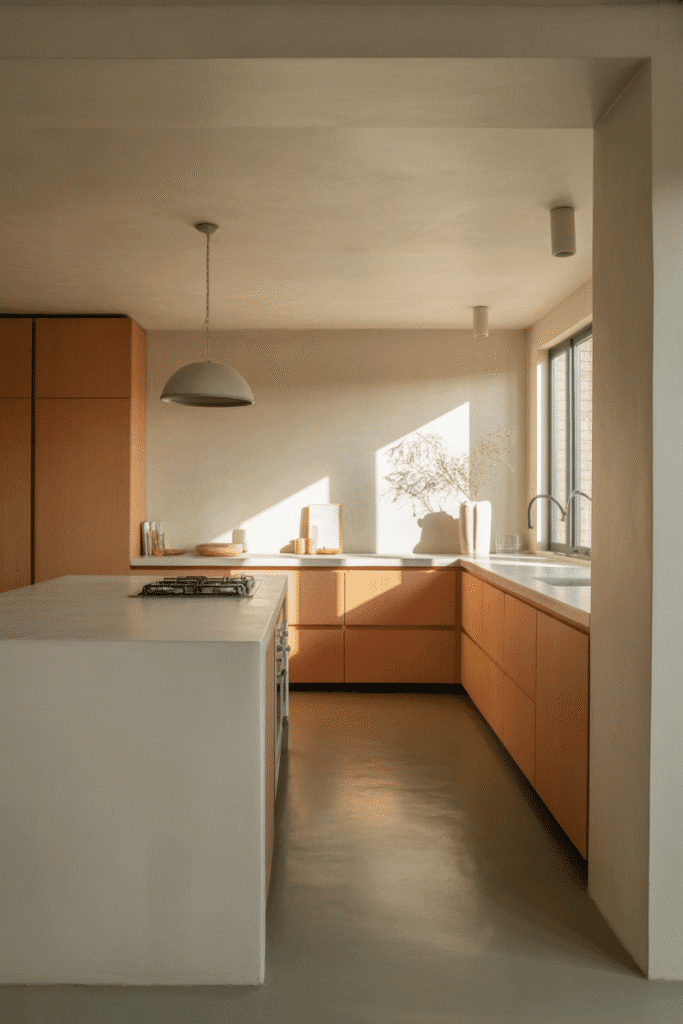 Polished concrete flooring grounding a minimalist organic-style kitchen.