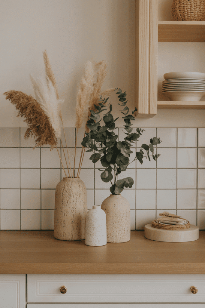 Dried greenery adds height and texture to a naturally styled kitchen space.