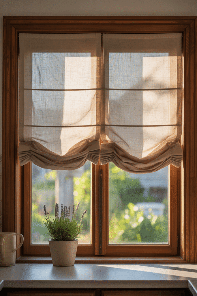 Linen Roman shades filtering light in a calm, earth-toned kitchen.