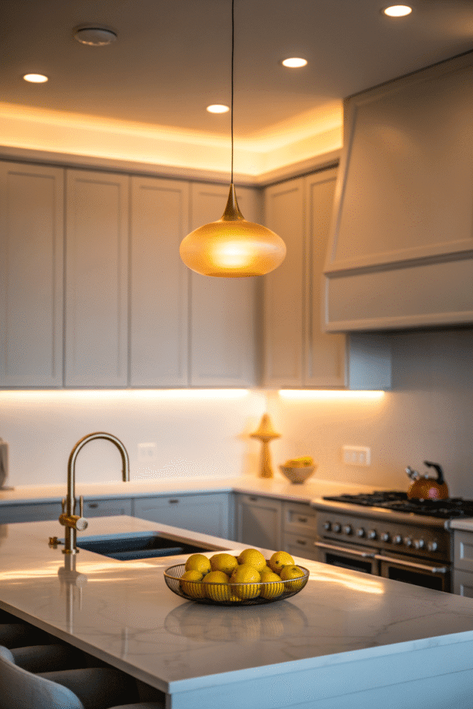 Warm layered lighting enhances the depth and mood of a soft organic-modern kitchen.