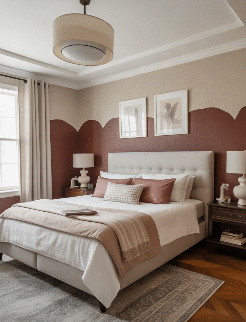 Master bedroom featuring a two-tone painted accent wall behind the bed with darker shades on the bottom and lighter shades on top, complemented by accent pieces in both colors to tie the look together.