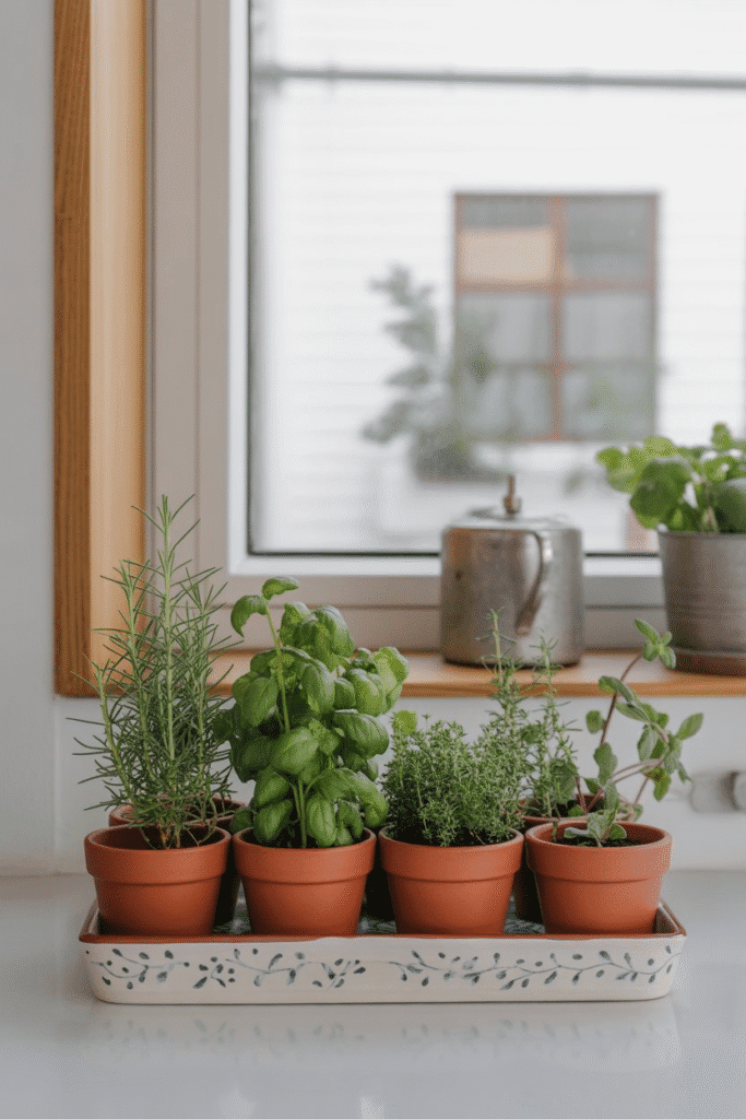 Mini herb garden in clay pots sitting in a sunlit modern kitchen window.