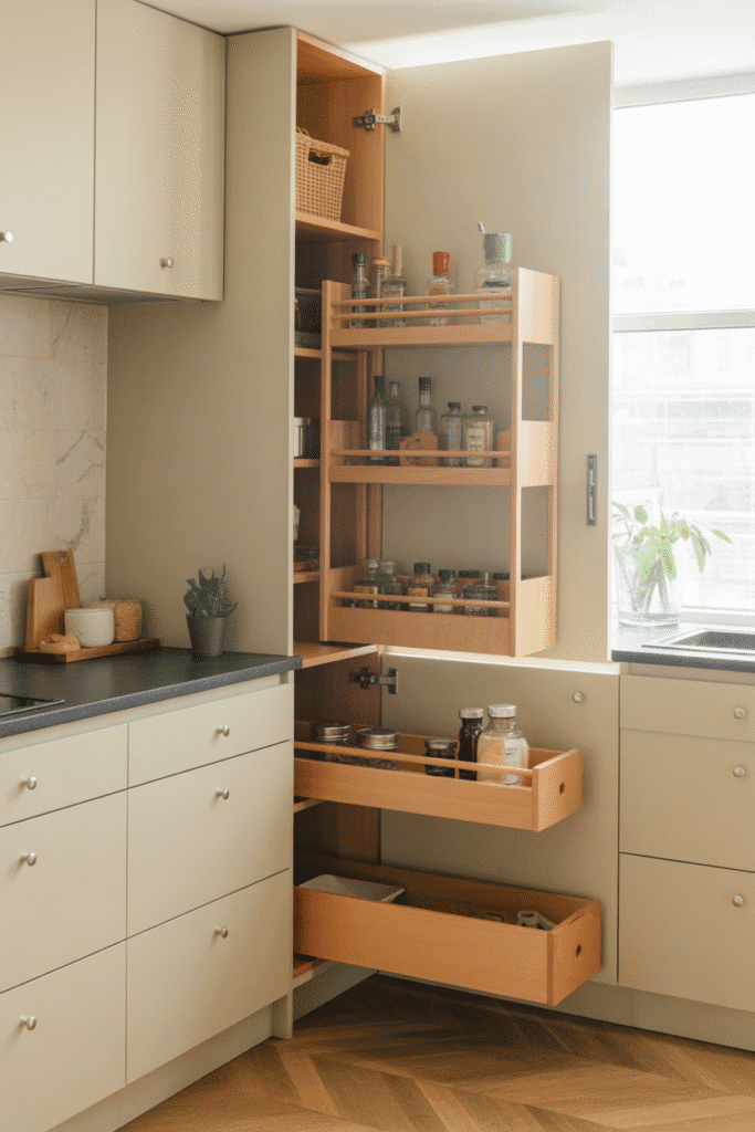 Minimalist kitchen storage hidden behind sleek cabinet fronts for a clutter-free look.