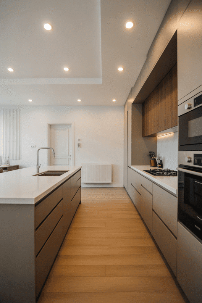 Sleek kitchen with low ceilings and multiple recessed lights providing even, subtle illumination.