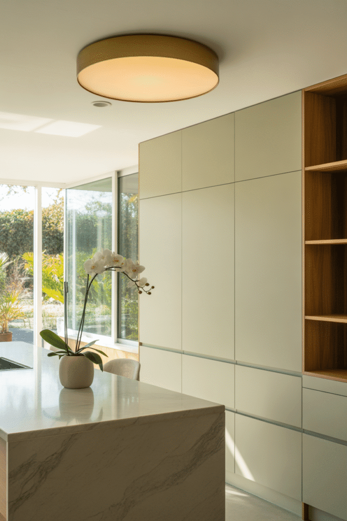Stylish brass flush mount fixture on a low ceiling adds warmth to a minimalist kitchen.