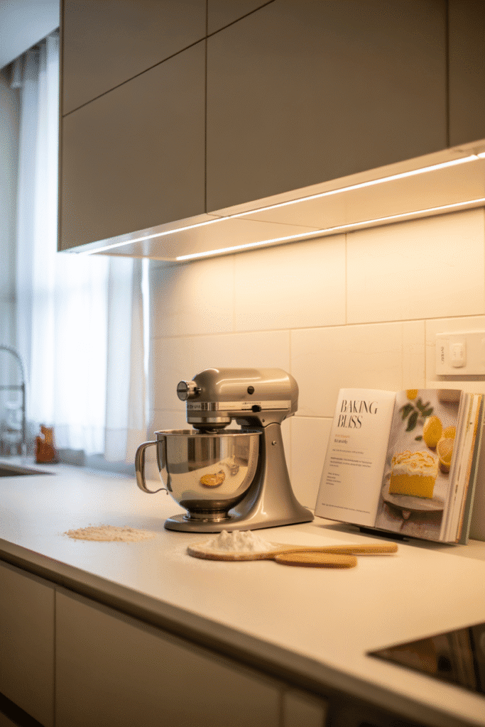 LED strip lights softly illuminate counters under white cabinets in a low-ceiling kitchen.