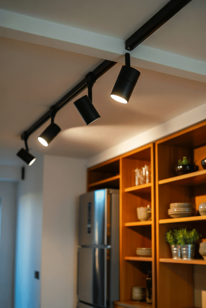 Black adjustable track lights mounted on a low ceiling highlight kitchen work zones.