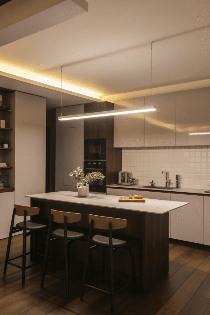 Slim linear bar light spans above an island in a low-ceiling modern kitchen.