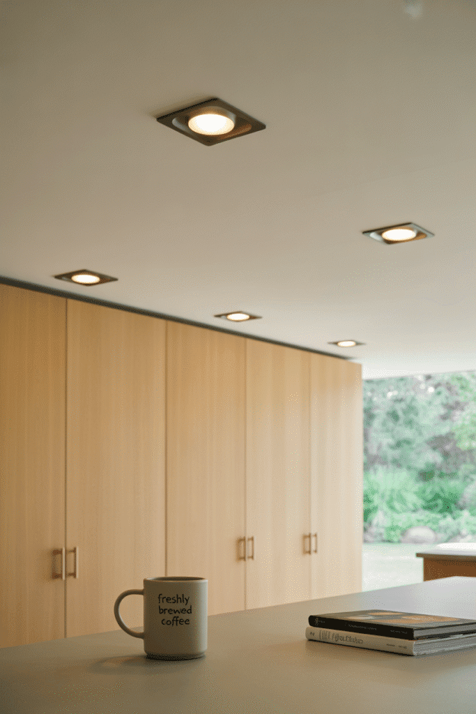 Surface-mounted ceiling lights offer sleek, unobtrusive brightness in a minimalist kitchen.