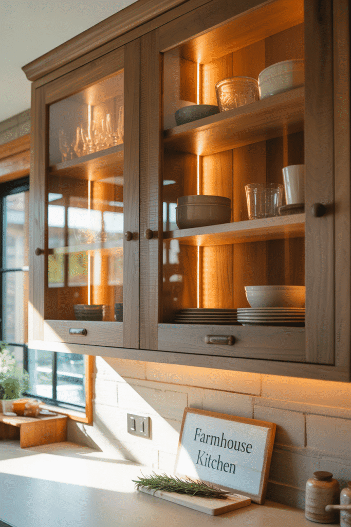 Upper kitchen cabinets softly lit from inside, adding depth and warmth in a cozy space.