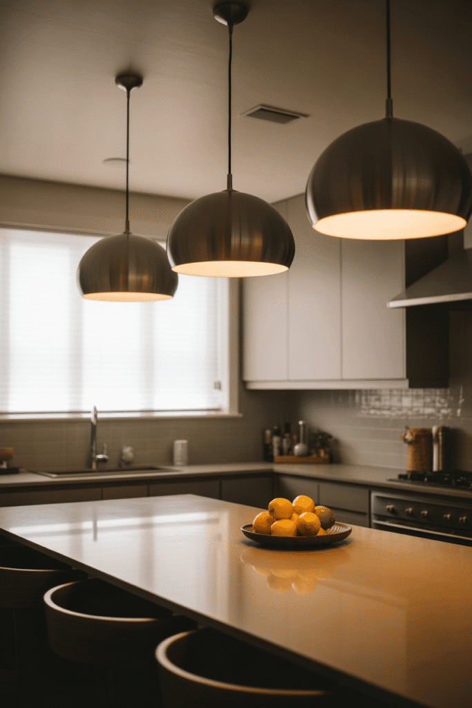 Dome-shaped pendants hang low and wide, giving stylish lighting to a compact kitchen.