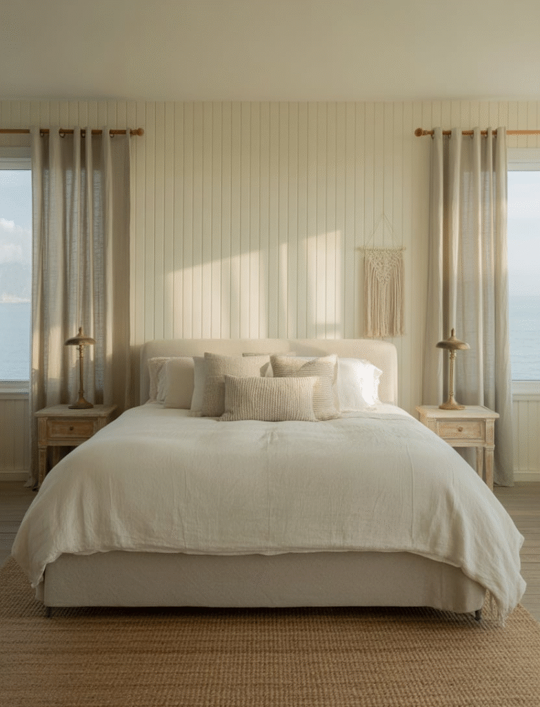 Coastal-inspired master bedroom with a vertical shiplap wall painted in soft neutral tones like white or beige, paired with breezy linen curtains, wood nightstands, and natural woven accents.