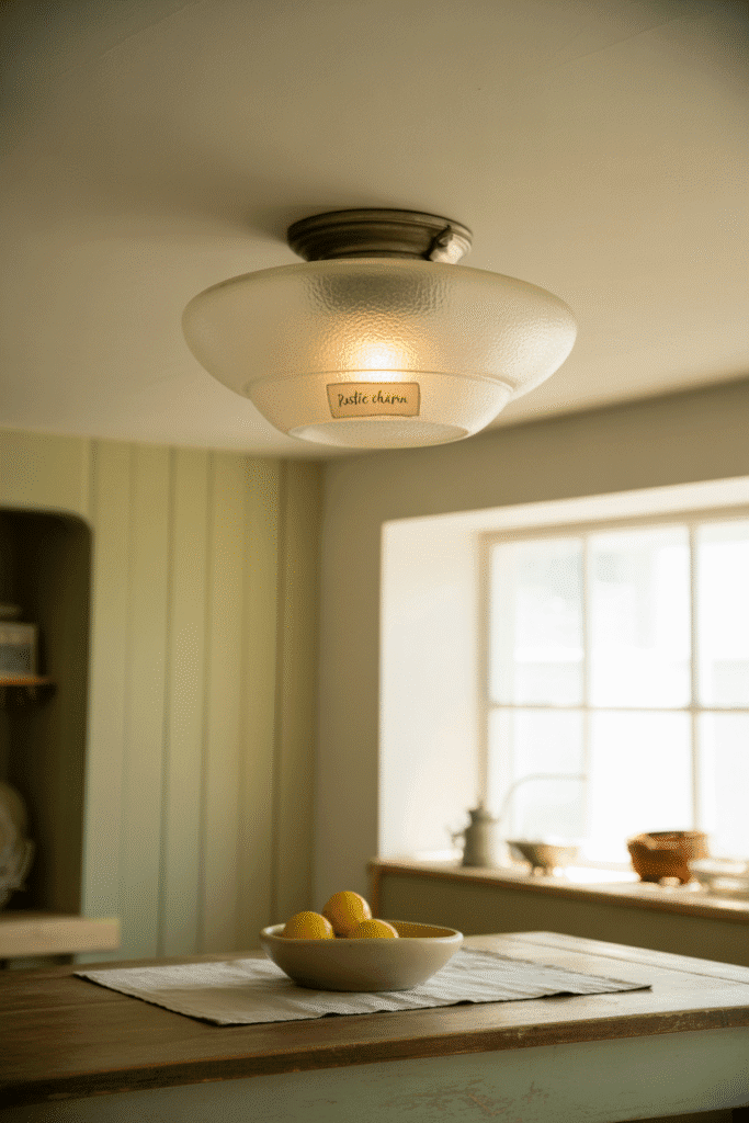 Frosted dome ceiling light diffuses soft light across a cozy kitchen with low ceilings.