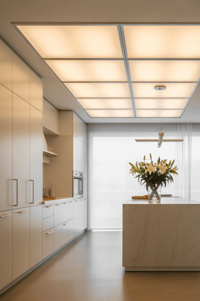 Flat LED panels provide bright, even light in a minimalist, low-ceiling kitchen.