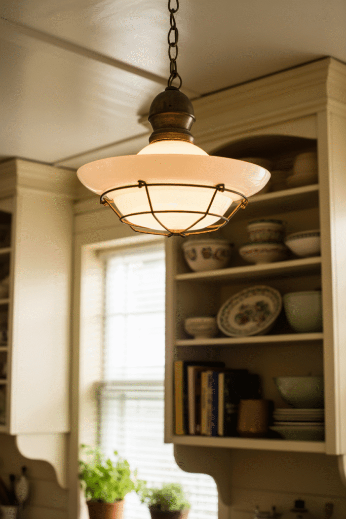 Vintage-inspired schoolhouse light fixture adds charm without bulk to a low-ceiling kitchen.