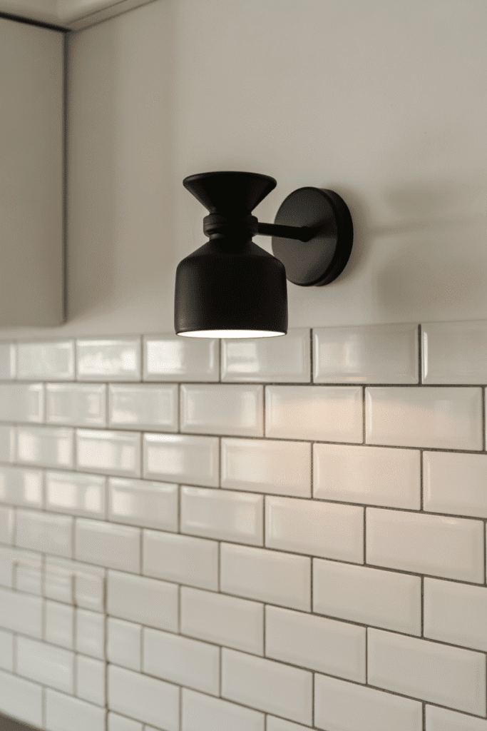Wall sconces add accent lighting above the backsplash in a warm, compact kitchen.