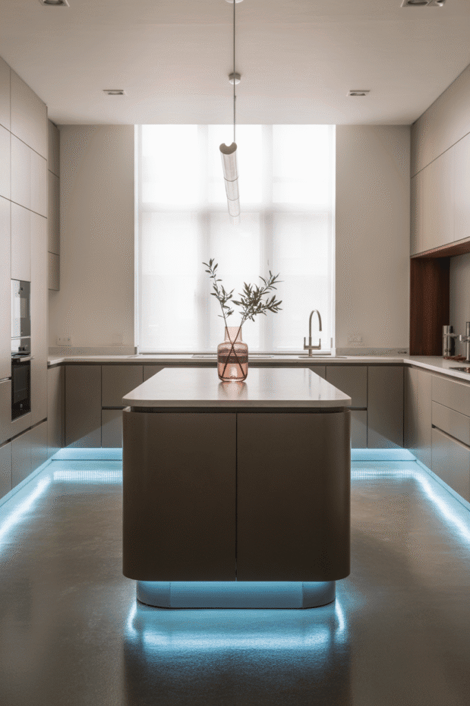 LED lighting along kitchen baseboards adds a futuristic glow and nighttime visibility.