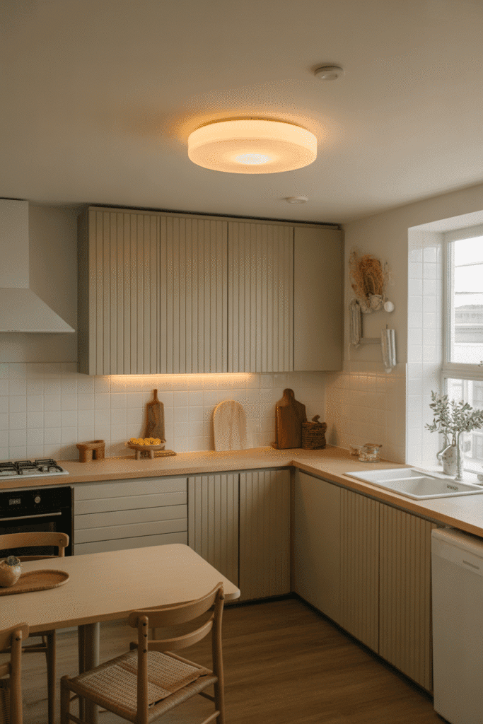 Dimmable flush ceiling light sets the mood in a soft, low-profile kitchen space.
