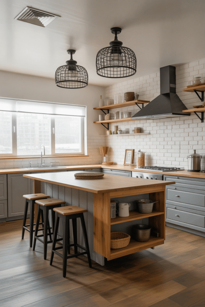 Low-profile caged light fixture brings rustic charm to a kitchen with limited ceiling height.