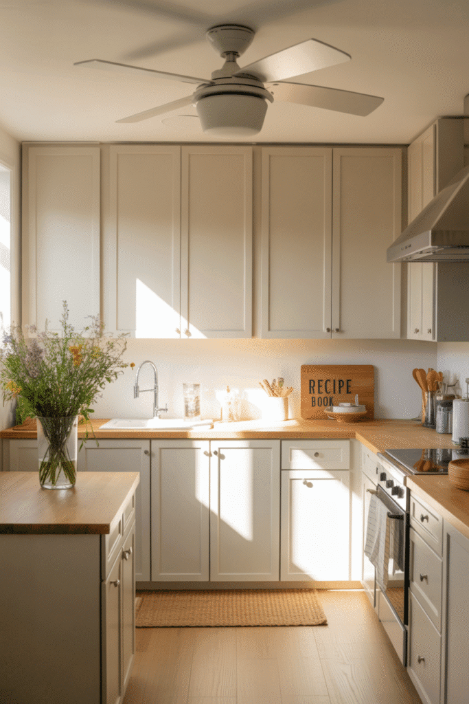 Ceiling fan with built-in light provides function and airflow in a small kitchen space.