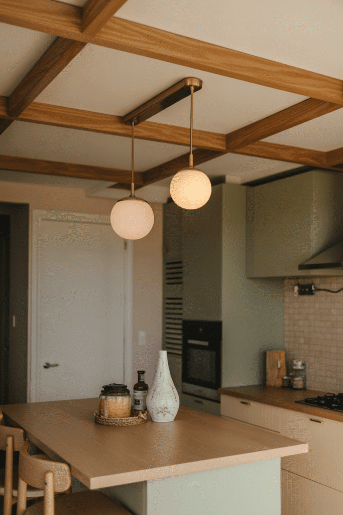 Short-drop mini pendants add character without overwhelming a low-ceiling kitchen.
