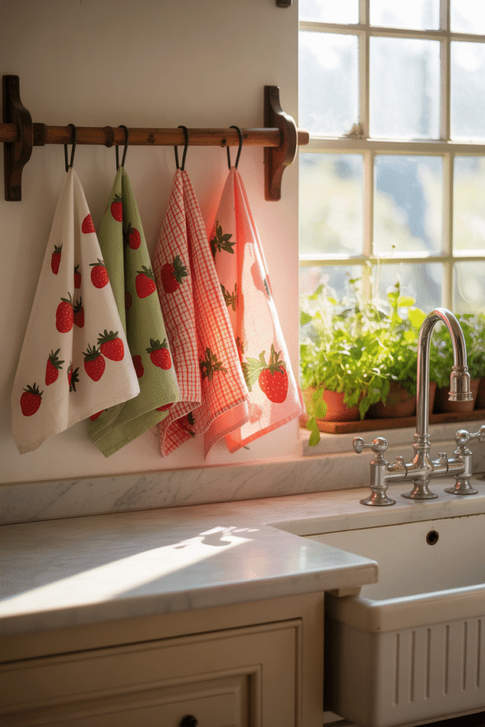 Bright kitchen with white countertops and playful strawberry-patterned tea towels draped near the sink.


