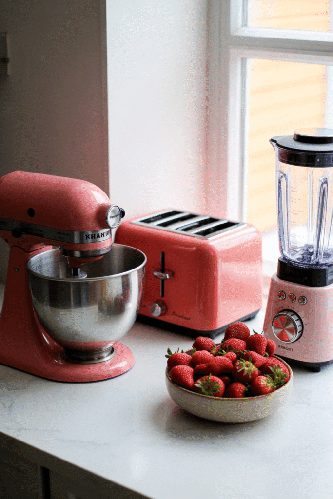 A modern kitchen with red and pink small appliances on the counter, styled with fresh strawberries and warm lighting.

