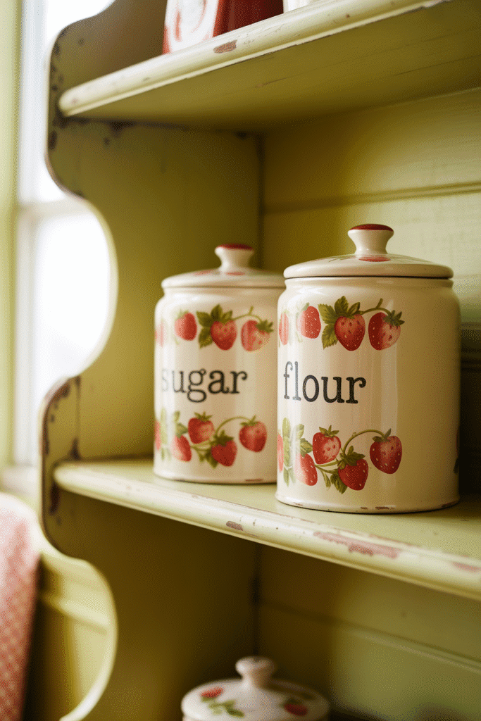 Vintage ceramic canisters with strawberry designs add charm and storage to a farmhouse kitchen shelf.