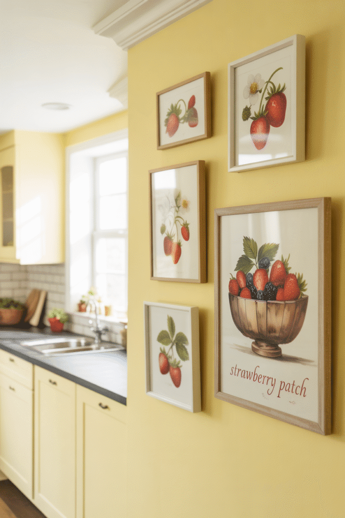 Framed strawberry-themed prints create a whimsical focal point in a cozy kitchen.

